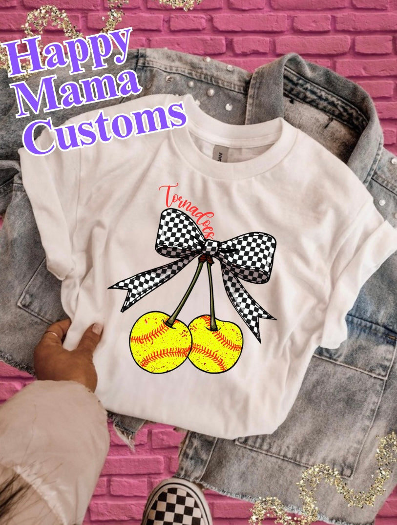 Checkered print bow with softball cherries