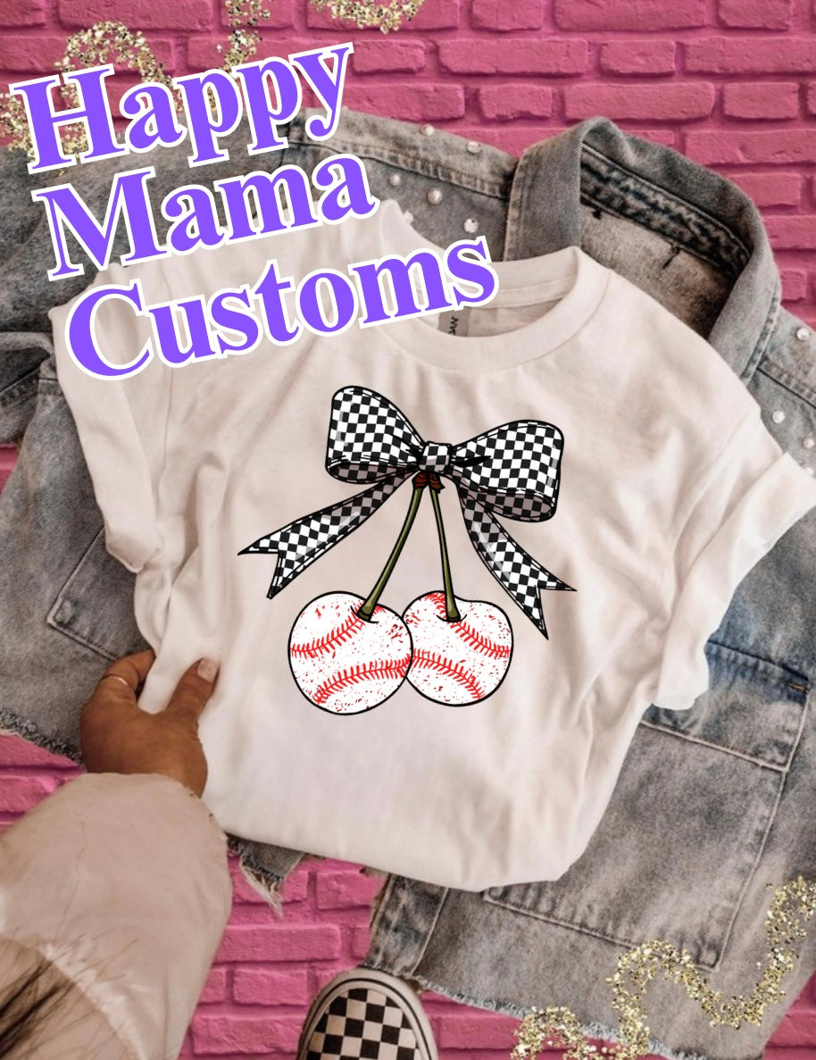 Checkered print bow with baseball cherries