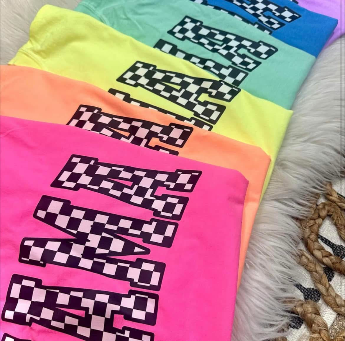 Checkered print mama tee on neon comfort colors